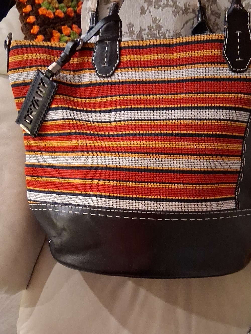 orYANY Red Orange Cream Striped Tote with Black Trim MISSING SHOULDER STRAP